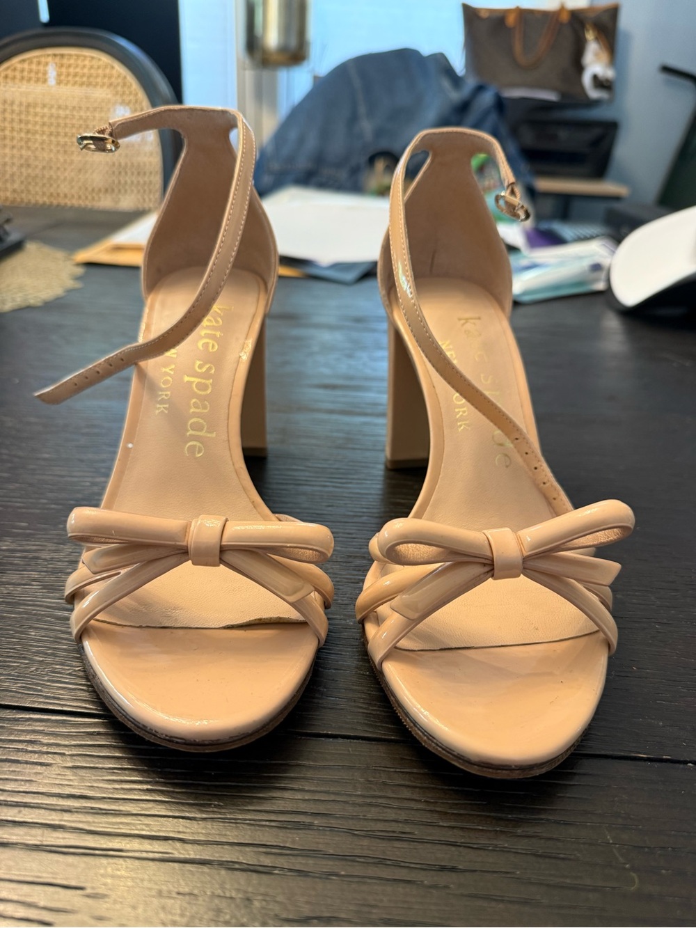 Kate Spade Flamenco Nude Bow Ankle-Strap Block Heel Sandals